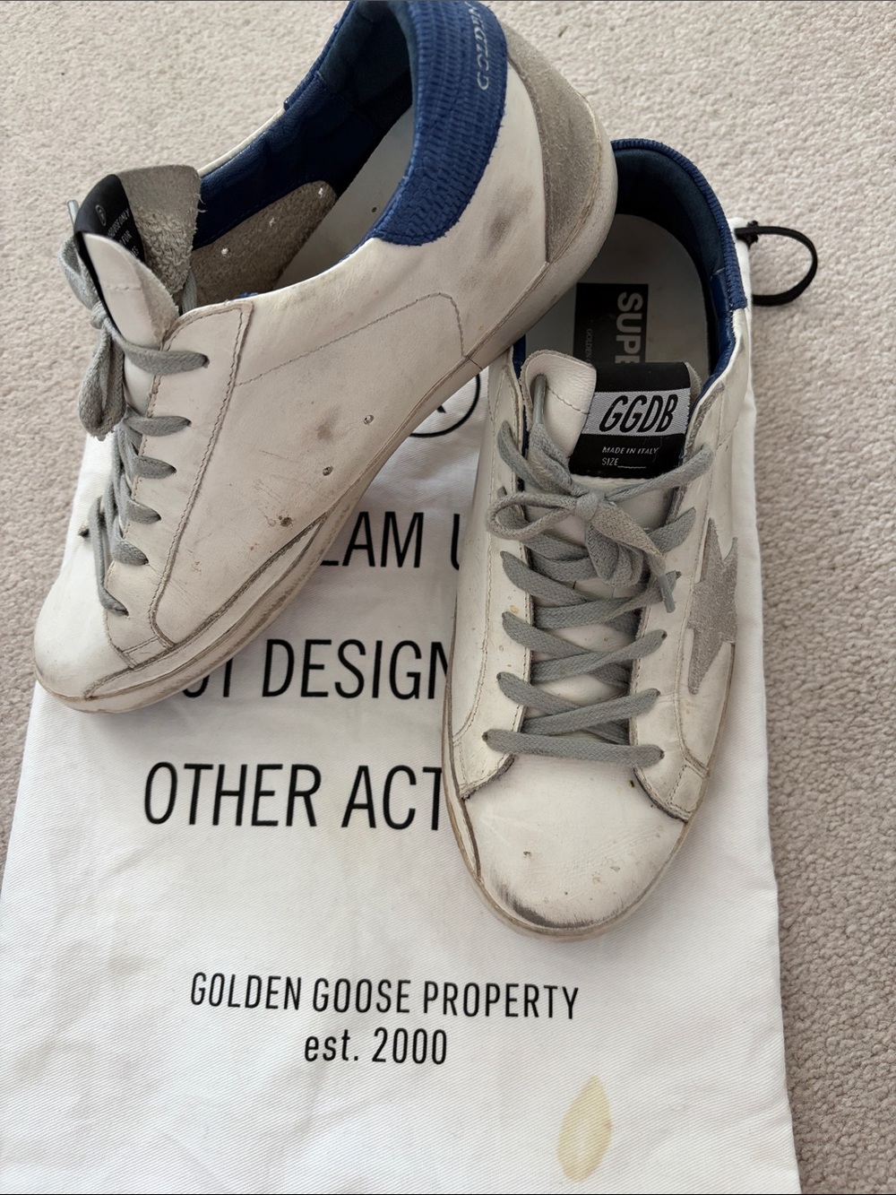 Golden Goose White Leather Super-Star Sneakers with Gray Star and Blue Heel